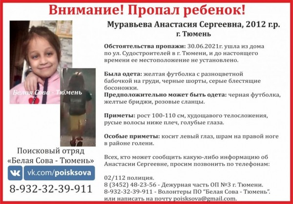 В Тюмени поисками исчезнувшей 8-летней Насти Муравьевой заняты более 300 человек