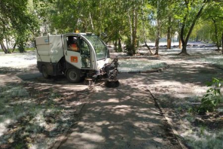 В Тюмени тополиный пух убирают дорожными пылесосами